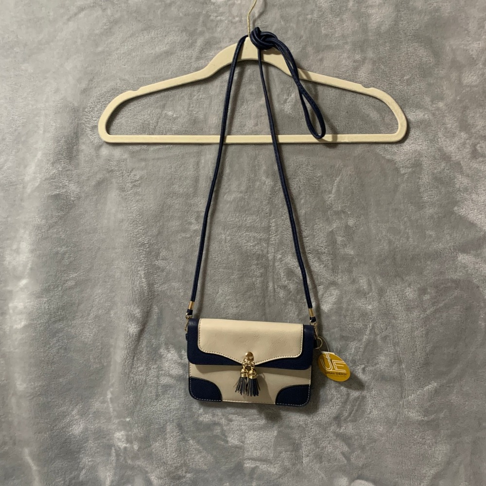 Urban Energy Venue Crossbody Purse Cream Navy Blue Tassel Vegan Leather NWT